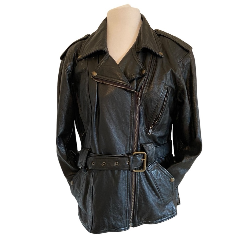 Screamin’ Eagle black genuine leather belted fitted biker jacket perfecto Large